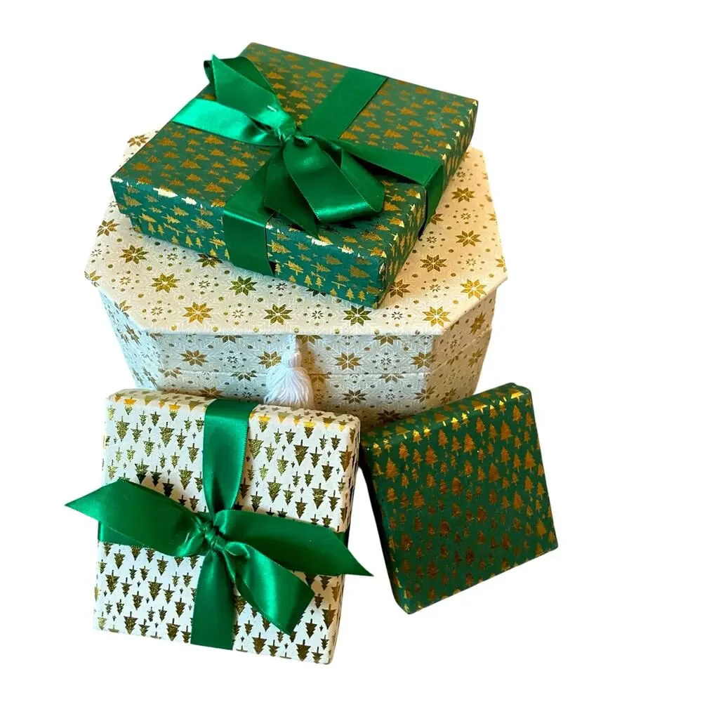 Christmas Gift Boxes w/ Lids Ribbon 4pc Premium Holiday Gift Wrap Green Gold NEW